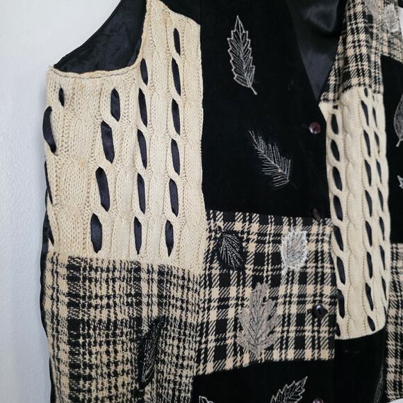 Vintage Patchwork Cable Knit Vest Womens 2X Boho Cottagecore Embroidered Leaves - Picture 3 of 8
